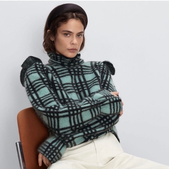 Zara Sweaters - Zara Plaid Ruffle Wool Mohair Blend Sweater